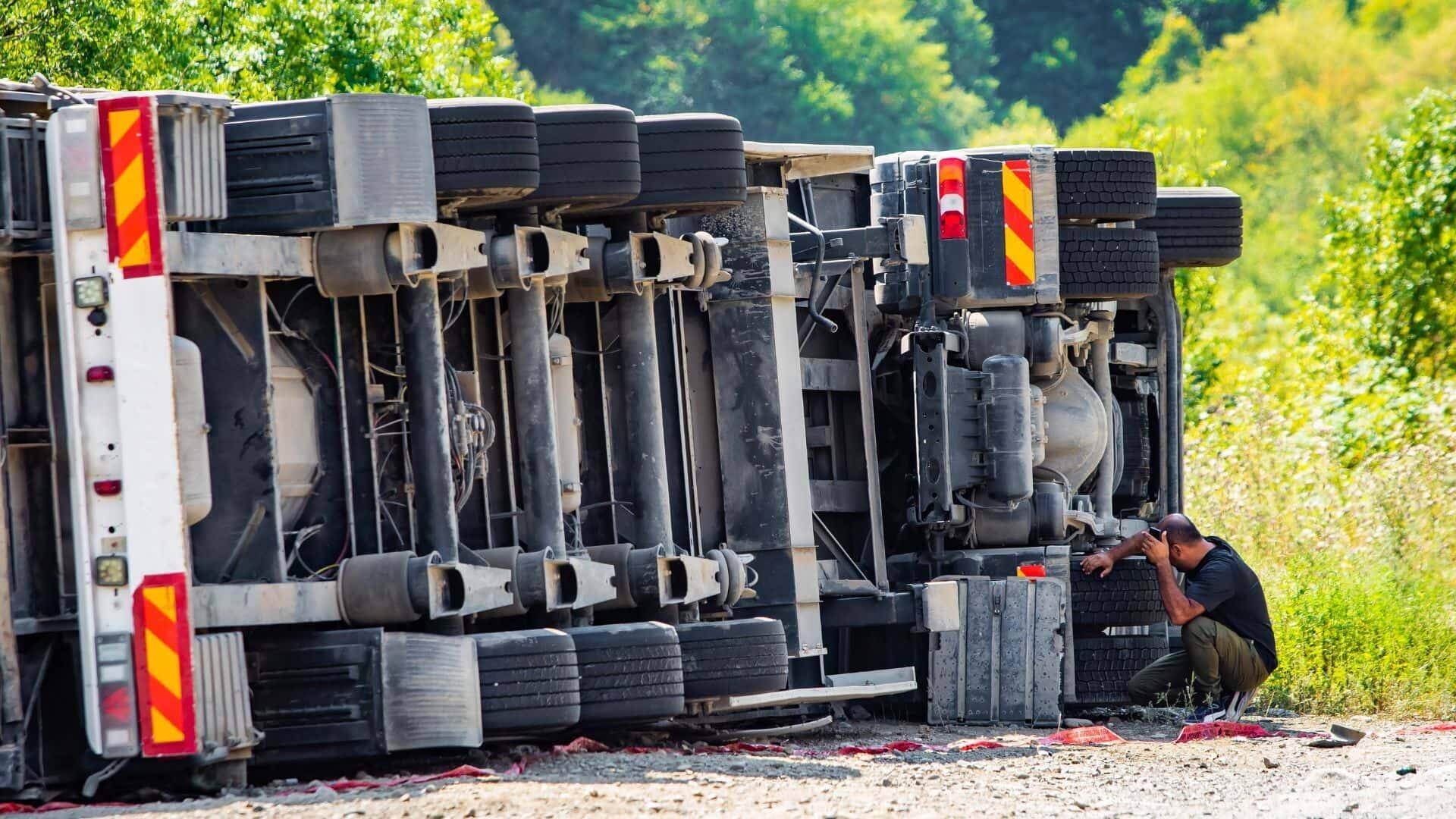 Flipped over commercial semi truck after a truck accident in Brooklyn, New York